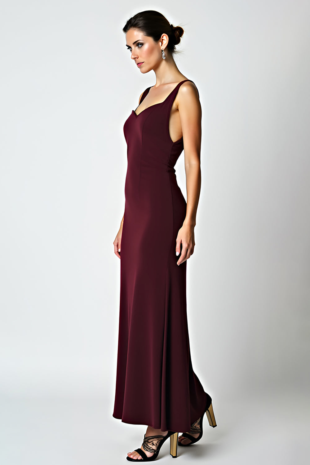Sheath Cabernet Backless Tea Length Bridesmaid Dress