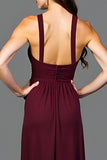 A Line Ruched Cabernet Backless Long Formal Dress