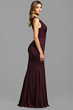 Sheath Deep V-Neck Ruched Cabernet Long Formal Dress