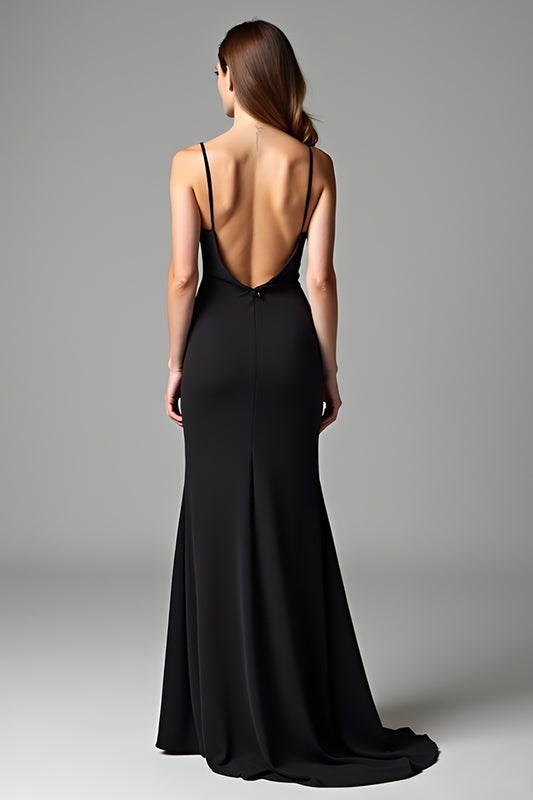 Sheath Black Deep V-Neck Long Black Tie Dress