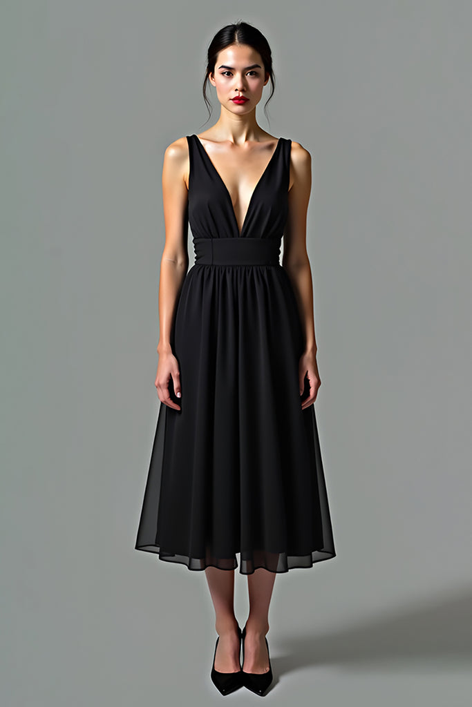 ZAPAKASA Women A Line Black Backless Graduation Dress Deep V-Neck Knee