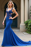 Mermaid Royal Blue Appliqued Long Prom Dress with Slit