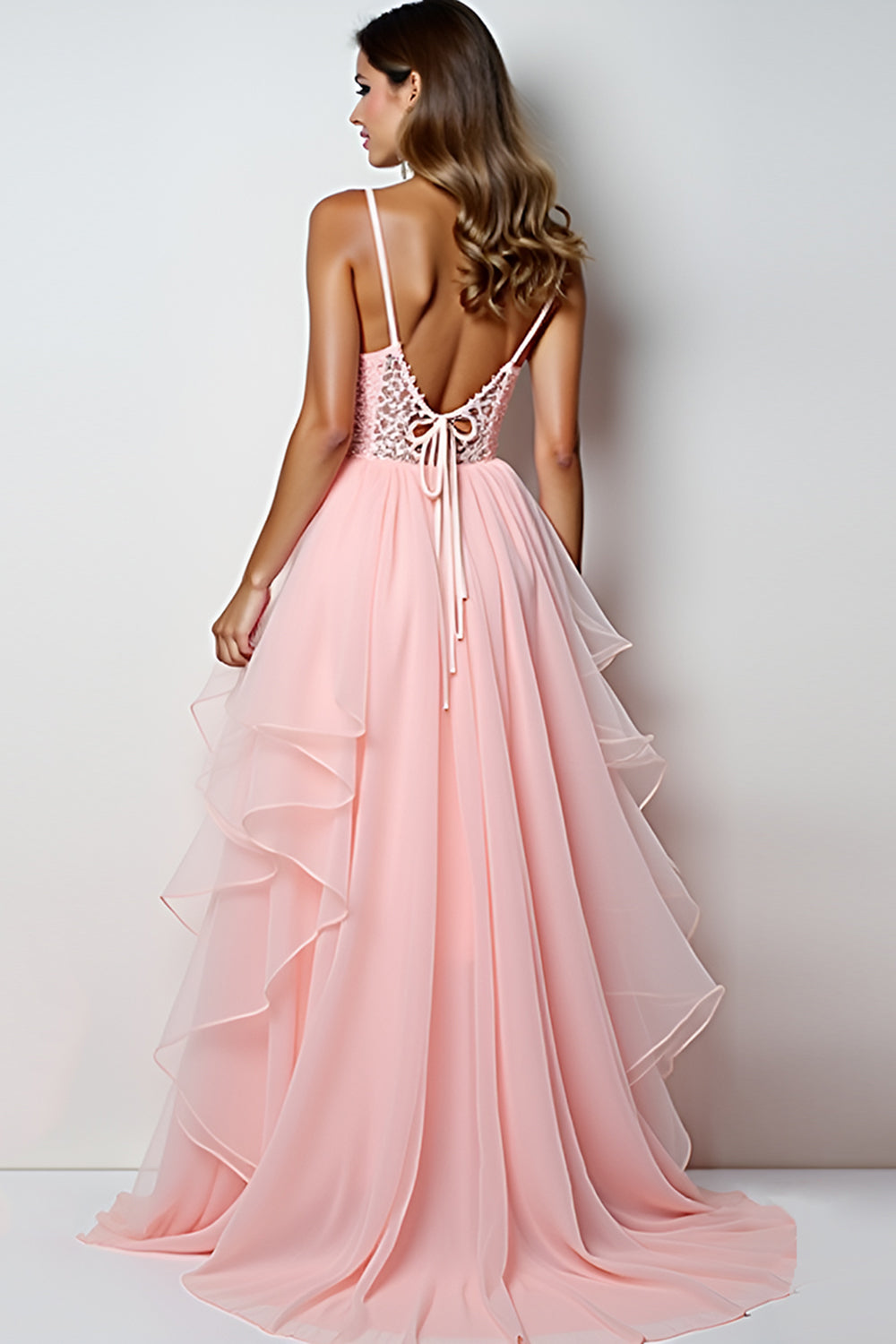 Blush Pink Tulle Ruffled Appliqued Long Prom Dress with Slit