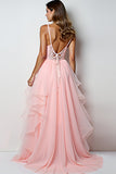 Blush Pink Tulle Ruffled Appliqued Long Prom Dress with Slit
