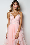 Blush Pink Tulle Ruffled Appliqued Long Prom Dress with Slit