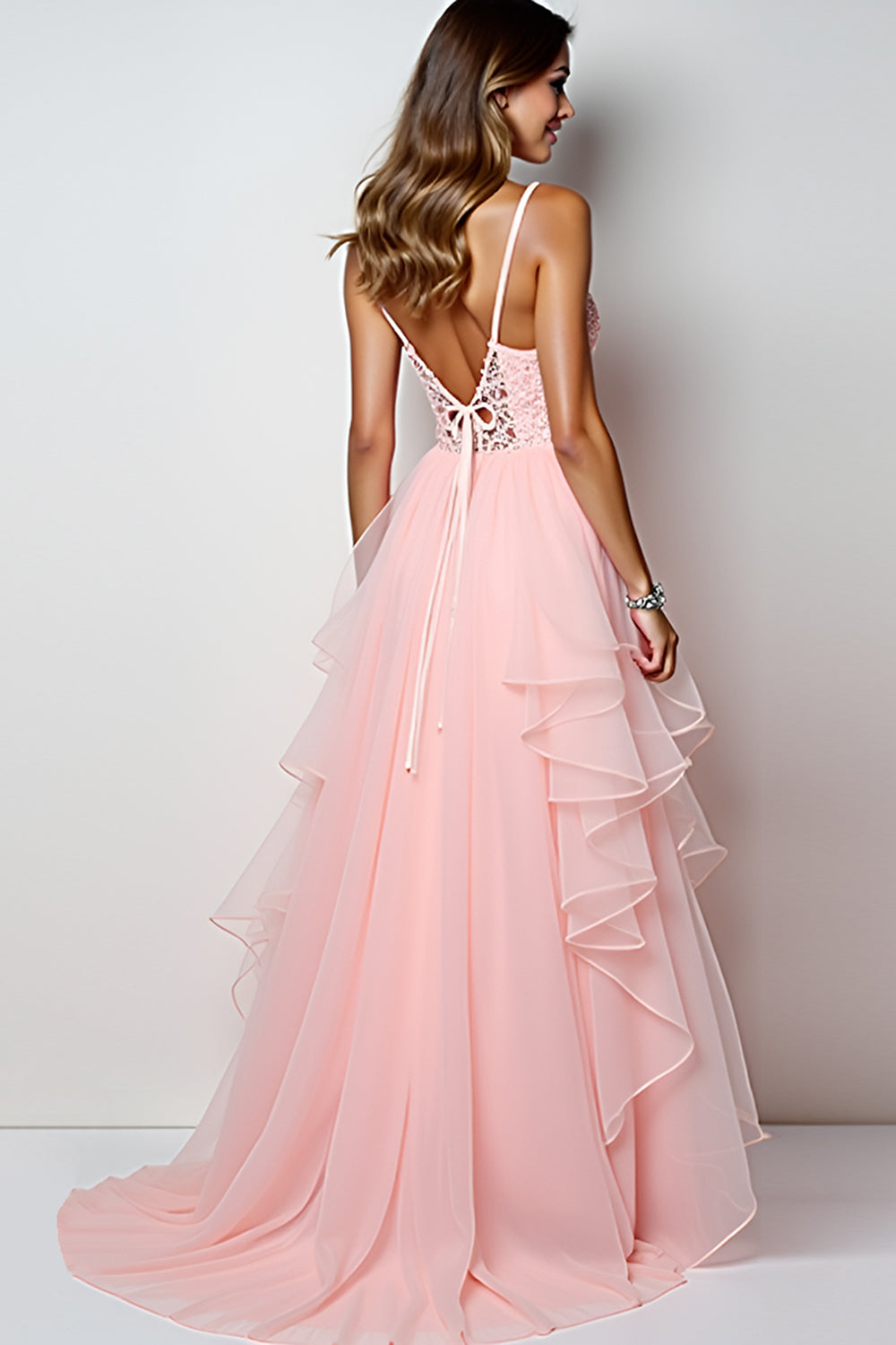 Blush Pink Tulle Ruffled Appliqued Long Prom Dress with Slit