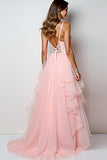 Blush Pink Tulle Ruffled Appliqued Long Prom Dress with Slit