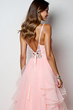 Blush Pink Tulle Ruffled Appliqued Long Prom Dress with Slit