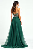 Tulle Beaded A Line Dark Green Strapless Long Prom Dress with Slit