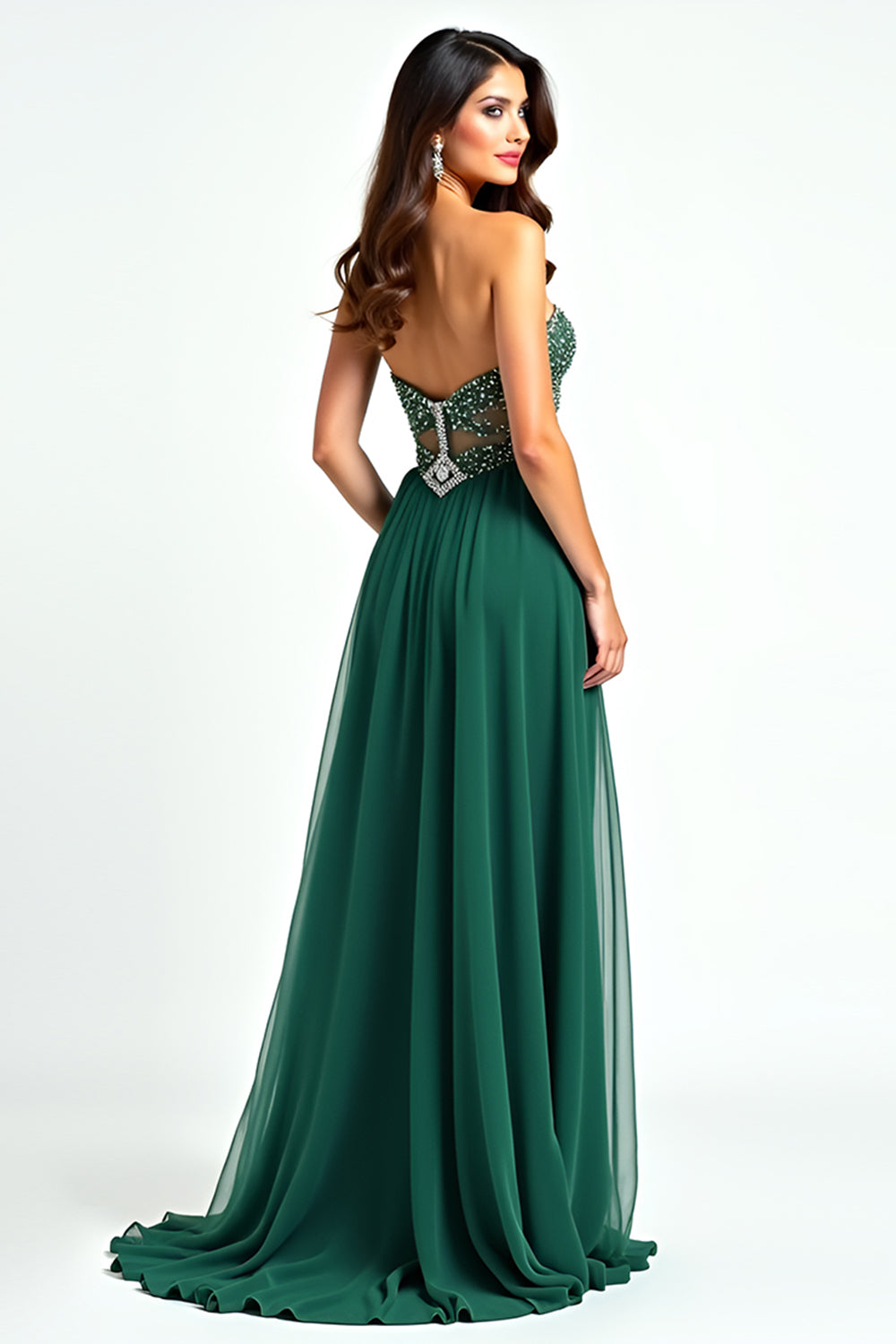 Tulle Beaded A Line Dark Green Strapless Long Prom Dress with Slit