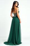 Tulle Beaded A Line Dark Green Strapless Long Prom Dress with Slit
