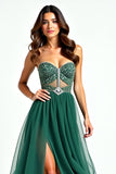 Tulle Beaded A Line Dark Green Strapless Long Prom Dress with Slit