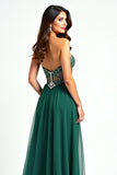 Tulle Beaded A Line Dark Green Strapless Long Prom Dress with Slit