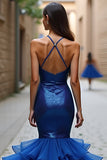 Mermaid Deep V-Neck Royal Blue Sparkly Tiered Long Prom Dress