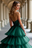 Beaded Strapless Dark Green Tiered Tulle Long Prom Dress