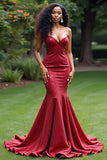 Mermaid Strapless Sparkly Burgundy Long Prom Dress