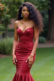 Mermaid Strapless Sparkly Burgundy Long Prom Dress