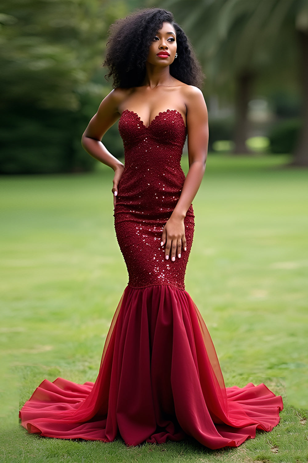 Mermaid Sequins Sparkly Burgundy Tulle Long Prom Dress