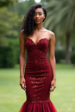 Mermaid Sequins Sparkly Burgundy Tulle Long Prom Dress