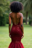 Mermaid Sequins Sparkly Burgundy Tulle Long Prom Dress