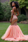 Mermaid Tulle Strapless Sparkly Blush Pink Long Prom Dress