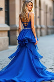 V-Neck Tiered Royal Blue A Line  Long Prom Dress with Slit