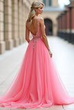Ball Gown Long Pink A Line Tulle Prom Dress with Appliques