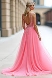 Ball Gown Long Pink A Line Tulle Prom Dress with Appliques