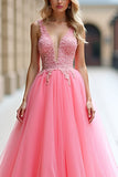 Ball Gown Long Pink A Line Tulle Prom Dress with Appliques
