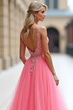 Ball Gown Long Pink A Line Tulle Prom Dress with Appliques