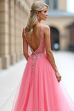 Ball Gown Long Pink A Line Tulle Prom Dress with Appliques
