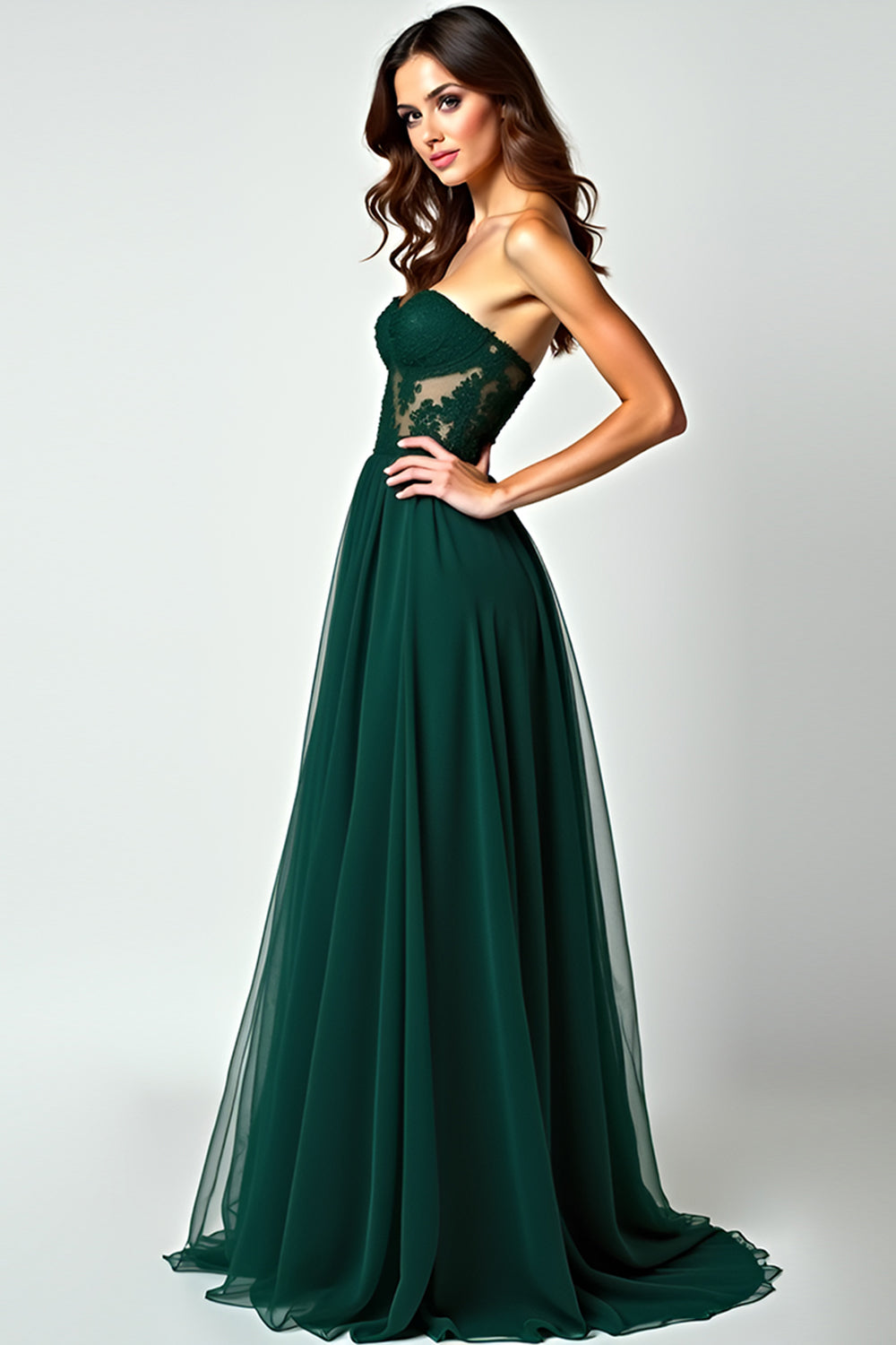 Appliques A Line Dark Green Strapless Long Prom Dress with Slit
