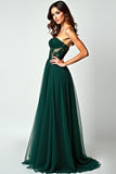 Appliques A Line Dark Green Strapless Long Prom Dress with Slit