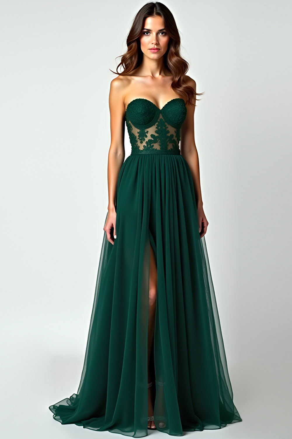 Appliques A Line Dark Green Strapless Long Prom Dress with Slit