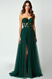 Appliques A Line Dark Green Strapless Long Prom Dress with Slit