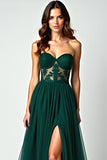 Appliques A Line Dark Green Strapless Long Prom Dress with Slit