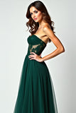 Appliques A Line Dark Green Strapless Long Prom Dress with Slit