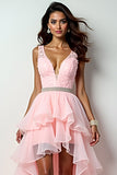 V-Neck Blush Pink Asymmetrical Long Prom Dress