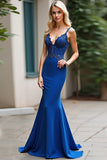 Spaghetti Straps Royal Blue Mermaid Long Prom Dress with Appliques