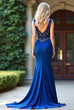 Lace Appliqued Royal Blue Mermaid Long Prom Dress with Slit