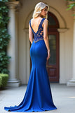 Lace Appliqued Royal Blue Mermaid Long Prom Dress with Slit