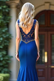 Lace Appliqued Royal Blue Mermaid Long Prom Dress with Slit