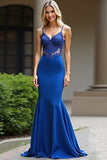 Mermaid Royal Blue Backless Lace Long Prom Dress with Appliques