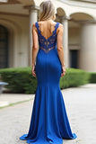 Mermaid Royal Blue Backless Lace Long Prom Dress with Appliques