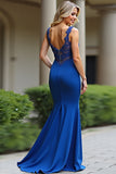 Mermaid Royal Blue Backless Lace Long Prom Dress with Appliques