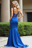 Mermaid Royal Blue Backless Lace Long Prom Dress with Appliques