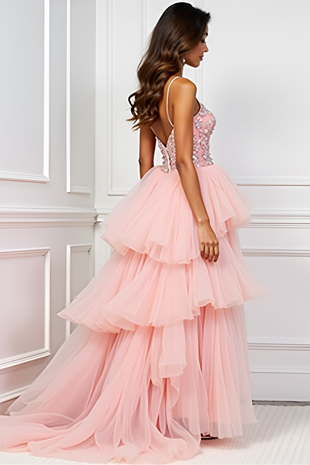 Blush Pink Appliques Spaghetti Straps Long Prom Dress with Slit