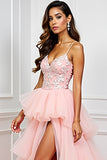 Blush Pink Appliques Spaghetti Straps Long Prom Dress with Slit