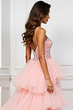 Blush Pink Appliques Spaghetti Straps Long Prom Dress with Slit