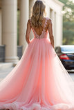 Long Tulle Blush Pink Appliqued Prom Dress with Slit